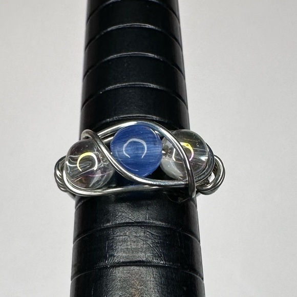 Blue ring clear iridescent glass beads silver color wire wrap handmade - Picture 3 of 5
